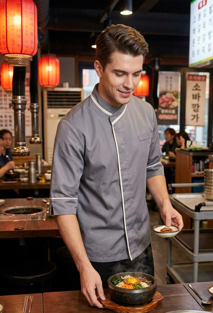 諾亞開發專為韓式燒烤及異國料理餐廳設計的側開襟廚師服，採用沉穩的質感灰色調搭配精緻白邊線條，打破傳統廚師服的沉悶。布料耐高溫、易清潔，不僅適合繁忙的廚房作業，其設計感更能直接作為外場服務制服，協助品牌建立深具主題性的職人專業形象。