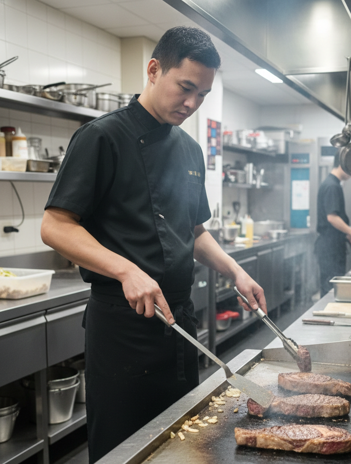 諾亞開發專為連鎖牛排館與鐵板燒餐廳打造的專業廚師服方案。針對高溫油煙環境，採用高品質防汙耐洗布料，深色調設計能有效維持服儀整潔度。側開襟剪裁減少正面扣飾與熱源接觸，提升作業安全性；搭配流暢的袖口剪裁，方便廚師進行大動作烹調，是連鎖餐飲集團提升內場服儀一致性與專業度的最佳選擇。