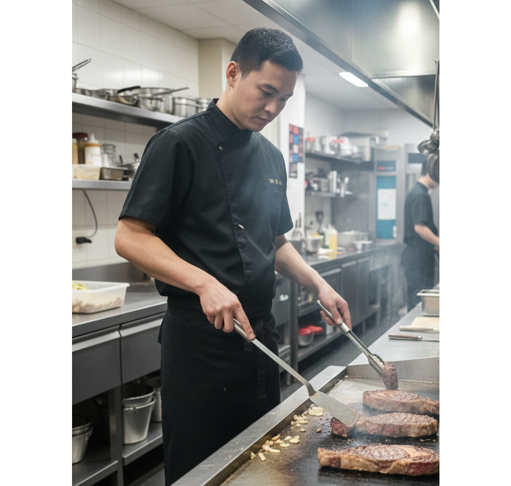 諾亞開發專為連鎖牛排館與鐵板燒餐廳打造的專業廚師服方案。針對高溫油煙環境，採用高品質防汙耐洗布料，深色調設計能有效維持服儀整潔度。側開襟剪裁減少正面扣飾與熱源接觸，提升作業安全性；搭配流暢的袖口剪裁，方便廚師進行大動作烹調，是連鎖餐飲集團提升內場服儀一致性與專業度的最佳選擇。