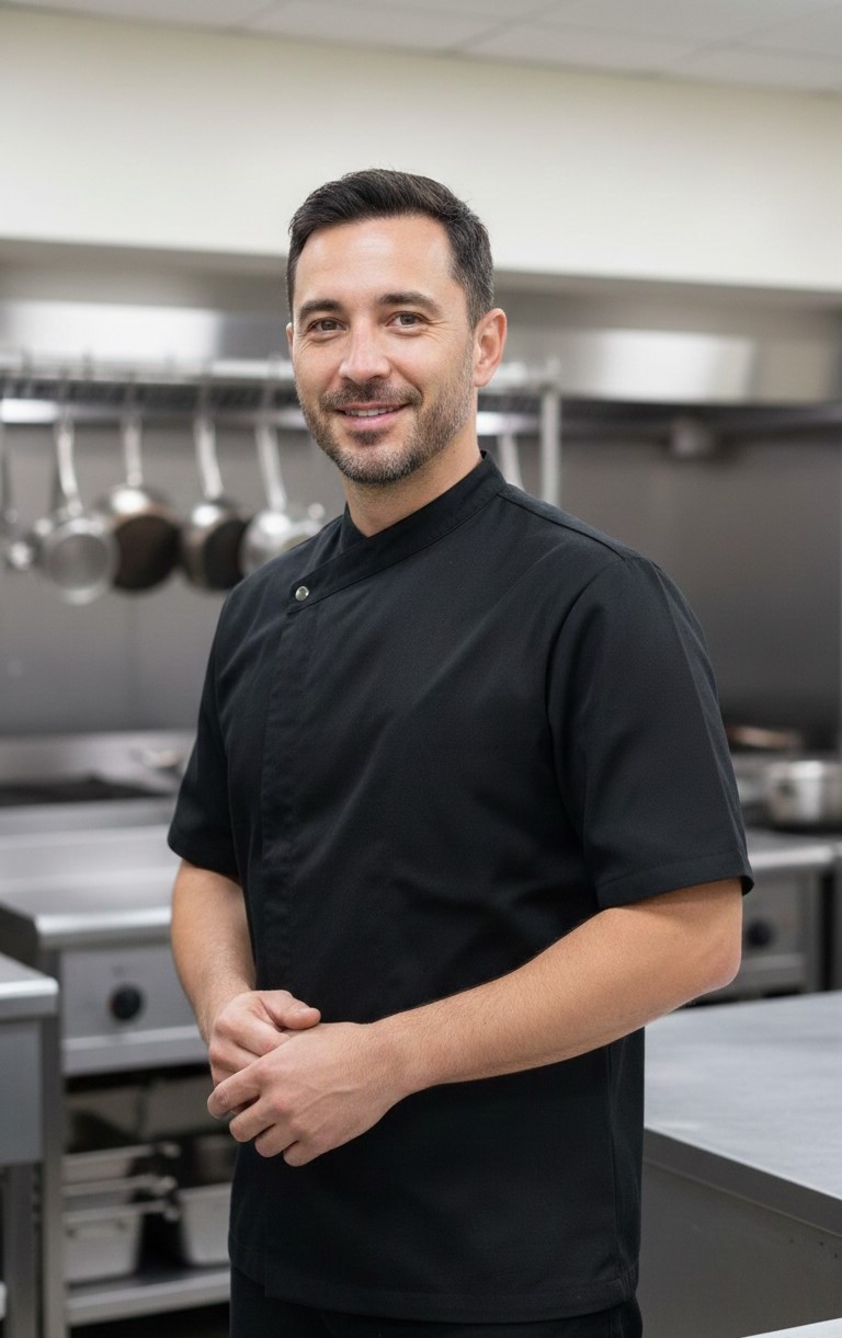 諾亞開發專為餐飲內場作業環境設計的短袖廚師服。黑色系設計具備高度耐髒性，配合簡約的斜開襟單鈕扣結構，能有效避免在廚房操作中產生的摩擦或誤觸，提升作業安全性。布料選用高品質機能材質，手感舒適且極具透氣性，在高溫的廚房環境中仍能維持職人的乾爽與專業形象。諾亞開發提供穩定供貨與團體制服訂做服務，是各式餐廳內場提升服儀標準的最佳後盾。