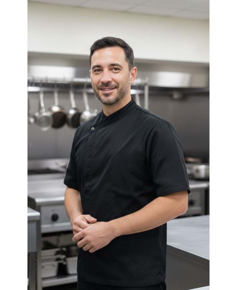 諾亞開發專為餐飲內場作業環境設計的短袖廚師服。黑色系設計具備高度耐髒性，配合簡約的斜開襟單鈕扣結構，能有效避免在廚房操作中產生的摩擦或誤觸，提升作業安全性。布料選用高品質機能材質，手感舒適且極具透氣性，在高溫的廚房環境中仍能維持職人的乾爽與專業形象。諾亞開發提供穩定供貨與團體制服訂做服務，是各式餐廳內場提升服儀標準的最佳後盾。