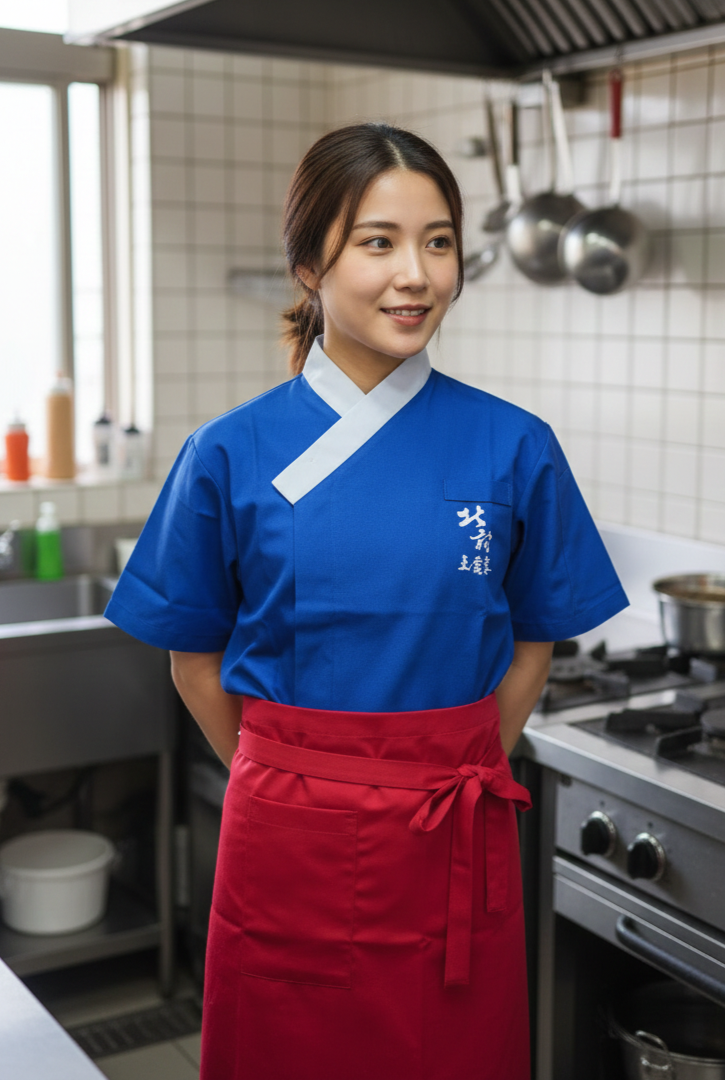 諾亞開發專為連鎖韓式泡菜鍋與韓式餐飲品牌打造的形象服儀方案。此款廚衣採用大膽的寶石藍布料，配合經典的交叉領與白色滾邊設計，營造出濃厚的韓風主題感。搭配鮮豔的紅色機能腰圍裙，不僅視覺吸睛，更具備防汙抗皺特性。左胸支援 Logo 電繡加工，能有效建立品牌的一致性形象，適用於連鎖餐飲集團提升店面質感與職人專業度。