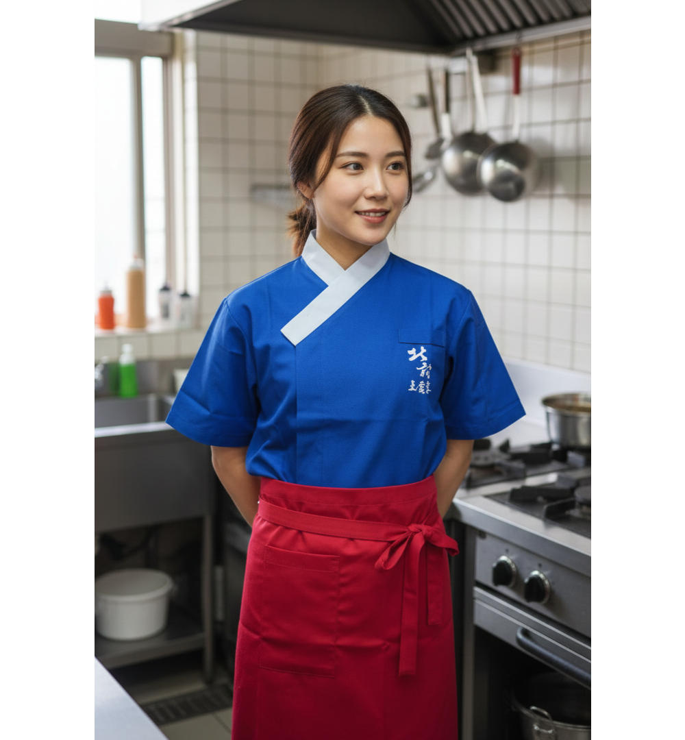 諾亞開發專為連鎖韓式泡菜鍋與韓式餐飲品牌打造的形象服儀方案。此款廚衣採用大膽的寶石藍布料，配合經典的交叉領與白色滾邊設計，營造出濃厚的韓風主題感。搭配鮮豔的紅色機能腰圍裙，不僅視覺吸睛，更具備防汙抗皺特性。左胸支援 Logo 電繡加工，能有效建立品牌的一致性形象，適用於連鎖餐飲集團提升店面質感與職人專業度。