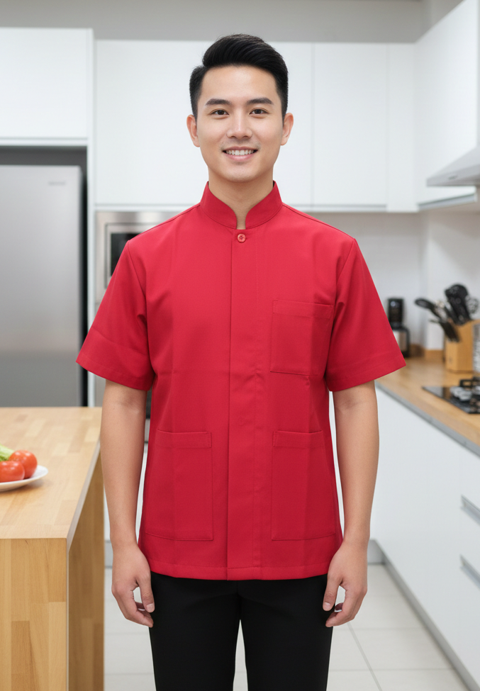 諾亞開發專為中式餐飲外場量身打造的機能襯衫方案。採用經典立領設計，結合現代簡約剪裁，完美平衡了傳統美感與現代職人的俐落感。前方配置實用的三個收納口袋，方便外場人員攜帶原子筆、點單機等必需品。布料選用高品質抗皺混紡材質，色澤飽滿且耐洗度高，長期穿著依然能維持亮麗如新的視覺效果，是提升中式餐飲品牌形象與服務專業度的絕佳配件。