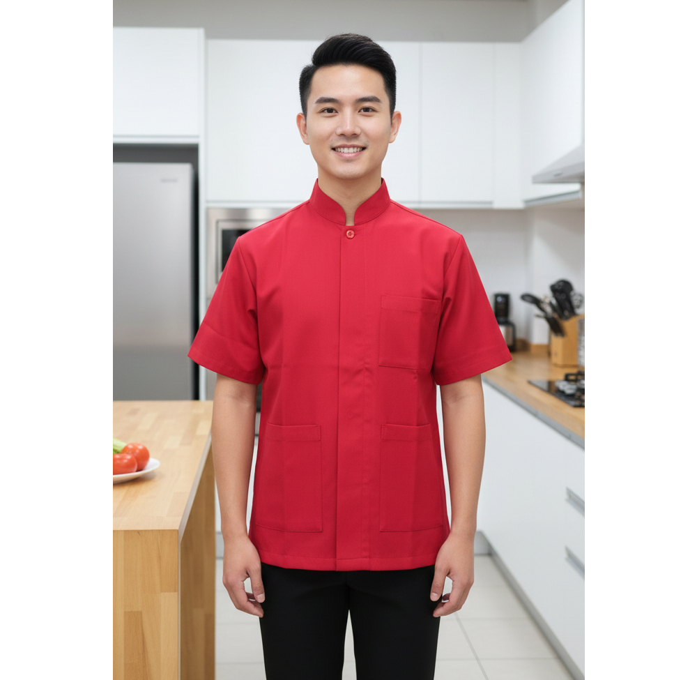 諾亞開發專為中式餐飲外場量身打造的機能襯衫方案。採用經典立領設計，結合現代簡約剪裁，完美平衡了傳統美感與現代職人的俐落感。前方配置實用的三個收納口袋，方便外場人員攜帶原子筆、點單機等必需品。布料選用高品質抗皺混紡材質，色澤飽滿且耐洗度高，長期穿著依然能維持亮麗如新的視覺效果，是提升中式餐飲品牌形象與服務專業度的絕佳配件。