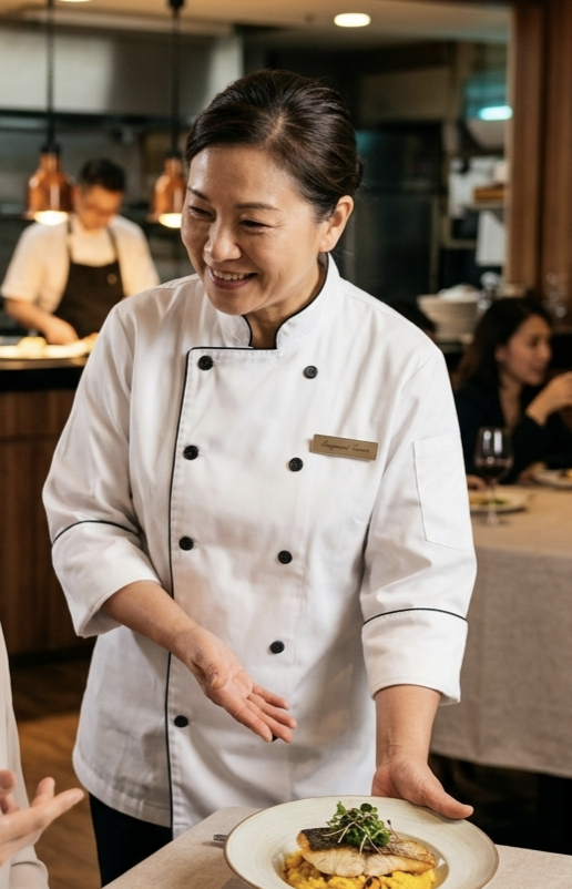 諾亞開發專為飯店行政主廚與高端西餐廳主廚打造的旗艦款廚師服。採用經典雙排釦設計，融合精緻的黑滾邊工藝，不僅強化視覺層次，更凸顯主廚的領導風範。布料選用高規 T/R 混紡材質，色澤純淨且具備優異的抗皺與防汙性能，即便在高頻率的巡桌與外場互動中，依然能維持極佳的平整度。本款式特別強化透氣性與活動空間，滿足行政主廚在廚房管理與外場服務間切換的高端需求，是連鎖飯店集團團體訂做的首選方案。