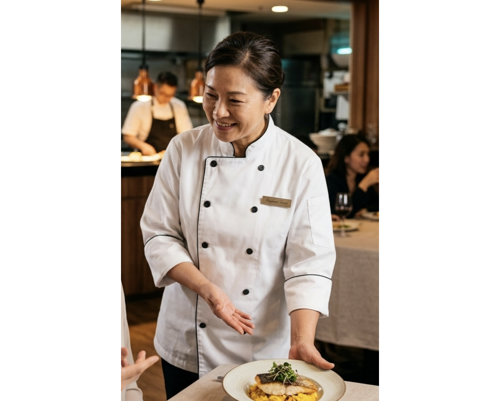 諾亞開發專為飯店行政主廚與高端西餐廳主廚打造的旗艦款廚師服。採用經典雙排釦設計，融合精緻的黑滾邊工藝，不僅強化視覺層次，更凸顯主廚的領導風範。布料選用高規 T/R 混紡材質，色澤純淨且具備優異的抗皺與防汙性能，即便在高頻率的巡桌與外場互動中，依然能維持極佳的平整度。本款式特別強化透氣性與活動空間，滿足行政主廚在廚房管理與外場服務間切換的高端需求，是連鎖飯店集團團體訂做的首選方案。