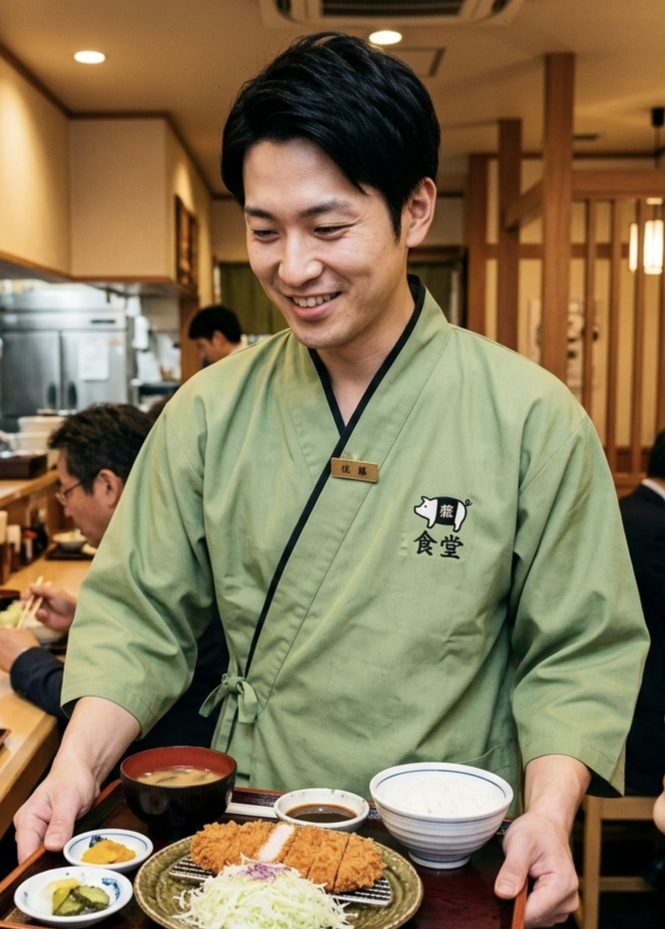 諾亞開發專為日式豬排、定食食堂及連鎖和食品牌開發的外場服儀方案。採用經典的日式交領（作務衣）版型，結合清新優雅的草綠色系與沉穩黑邊線條，展現極具和風美學的職人形象。布料選用台灣大廠高品質混紡布料，手感溫潤且透氣耐洗，適合外場人員長時間走動服務使用。左胸配置精細的品牌 Logo 電繡加工，強化企業識別力，協助連鎖餐飲品牌在維持傳統日式精神的同時，亦能展現現代專業的服務水平。