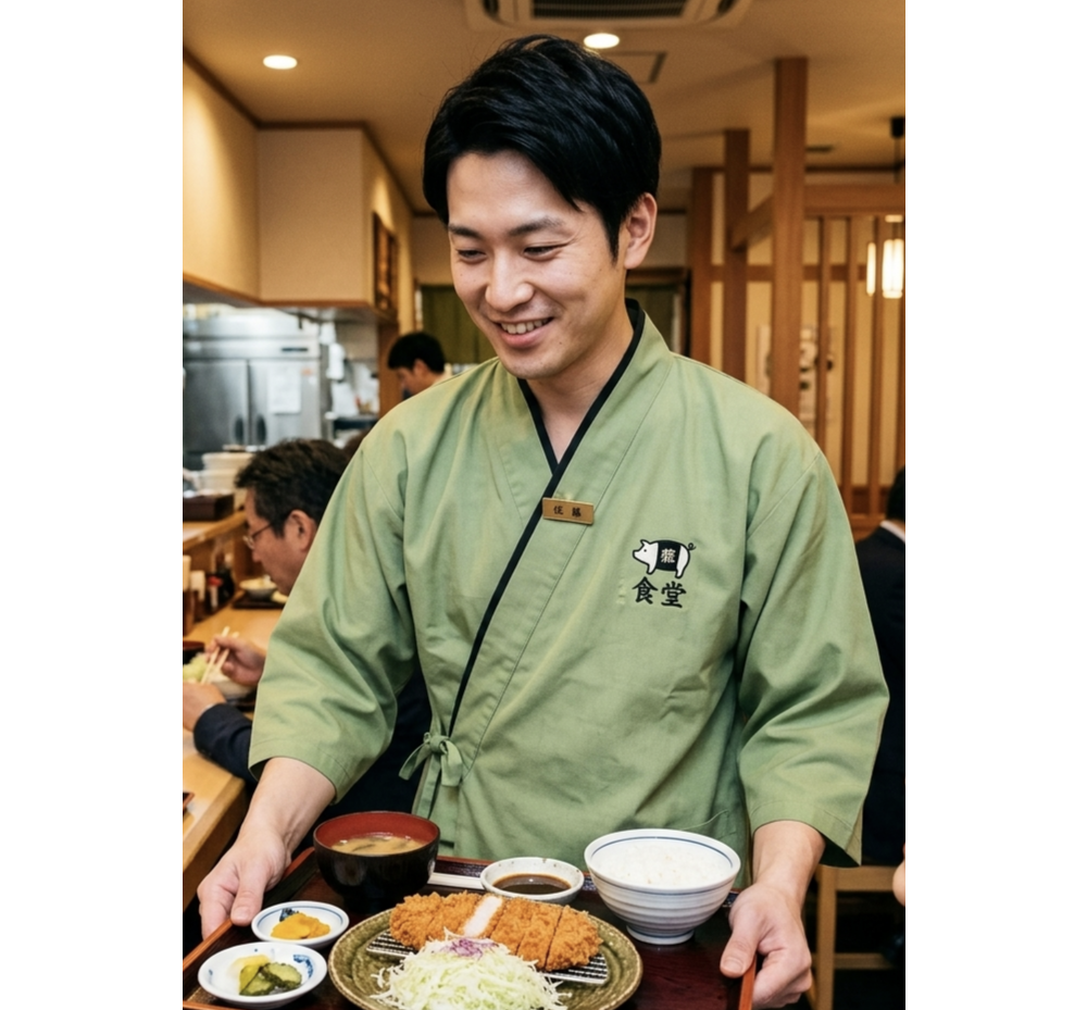 諾亞開發專為日式豬排、定食食堂及連鎖和食品牌開發的外場服儀方案。採用經典的日式交領（作務衣）版型，結合清新優雅的草綠色系與沉穩黑邊線條，展現極具和風美學的職人形象。布料選用台灣大廠高品質混紡布料，手感溫潤且透氣耐洗，適合外場人員長時間走動服務使用。左胸配置精細的品牌 Logo 電繡加工，強化企業識別力，協助連鎖餐飲品牌在維持傳統日式精神的同時，亦能展現現代專業的服務水平。