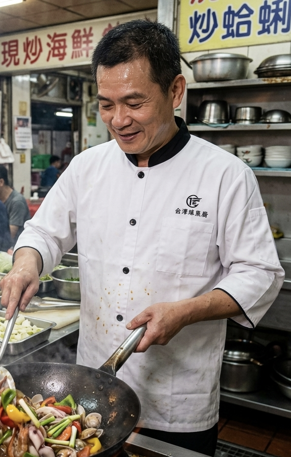 諾亞開發專為台式快炒、現炒海鮮及台菜餐廳內場設計的實戰型廚師服。針對台式料理頻繁大火翻炒的工作特性，採用高品質耐高溫混紡布料，兼具優異的透氣性與防汙功能。黑白對比的簡約設計，不僅能展現乾淨衛生的廚房形象，左胸更提供精確的品牌 Logo 電繡加工，協助在地餐廳建立專屬的品牌識別。布料強韌耐洗，經得起熱炒店高頻率的工業洗滌需求，是台灣餐飲業最實惠且專業的服儀首選。