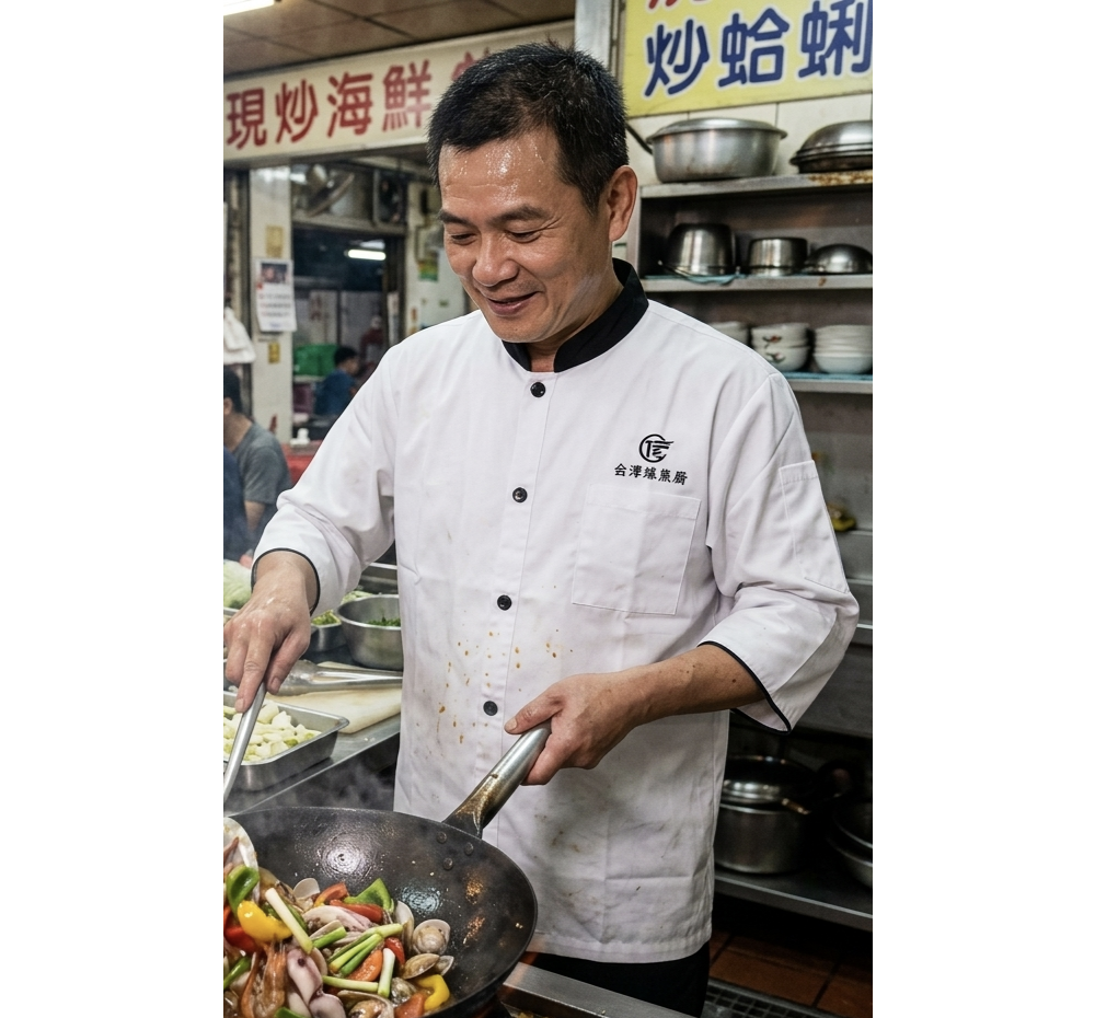 諾亞開發專為台式快炒、現炒海鮮及台菜餐廳內場設計的實戰型廚師服。針對台式料理頻繁大火翻炒的工作特性，採用高品質耐高溫混紡布料，兼具優異的透氣性與防汙功能。黑白對比的簡約設計，不僅能展現乾淨衛生的廚房形象，左胸更提供精確的品牌 Logo 電繡加工，協助在地餐廳建立專屬的品牌識別。布料強韌耐洗，經得起熱炒店高頻率的工業洗滌需求，是台灣餐飲業最實惠且專業的服儀首選。