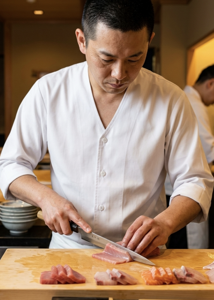 諾亞開發專為料理吧檯、日式生食及壽司餐廳板前師傅設計的服儀方案。採用簡約的日式V領（和服領）設計，線條俐落且不緊繃，能完美符合日式餐飲的和風美學。布料選用台灣大廠高品質混紡材質，色澤純淨紮實，且兼具吸濕透氣與抗皺功能。釦子採用耐高溫材質，確保在吧檯高頻率活動中的穩定性。搭配流暢的七分袖或短袖剪裁，方便師傅進行刀工與握壽司作業，是連鎖日料品牌與私人會所建立專業板前形象的最佳選擇。