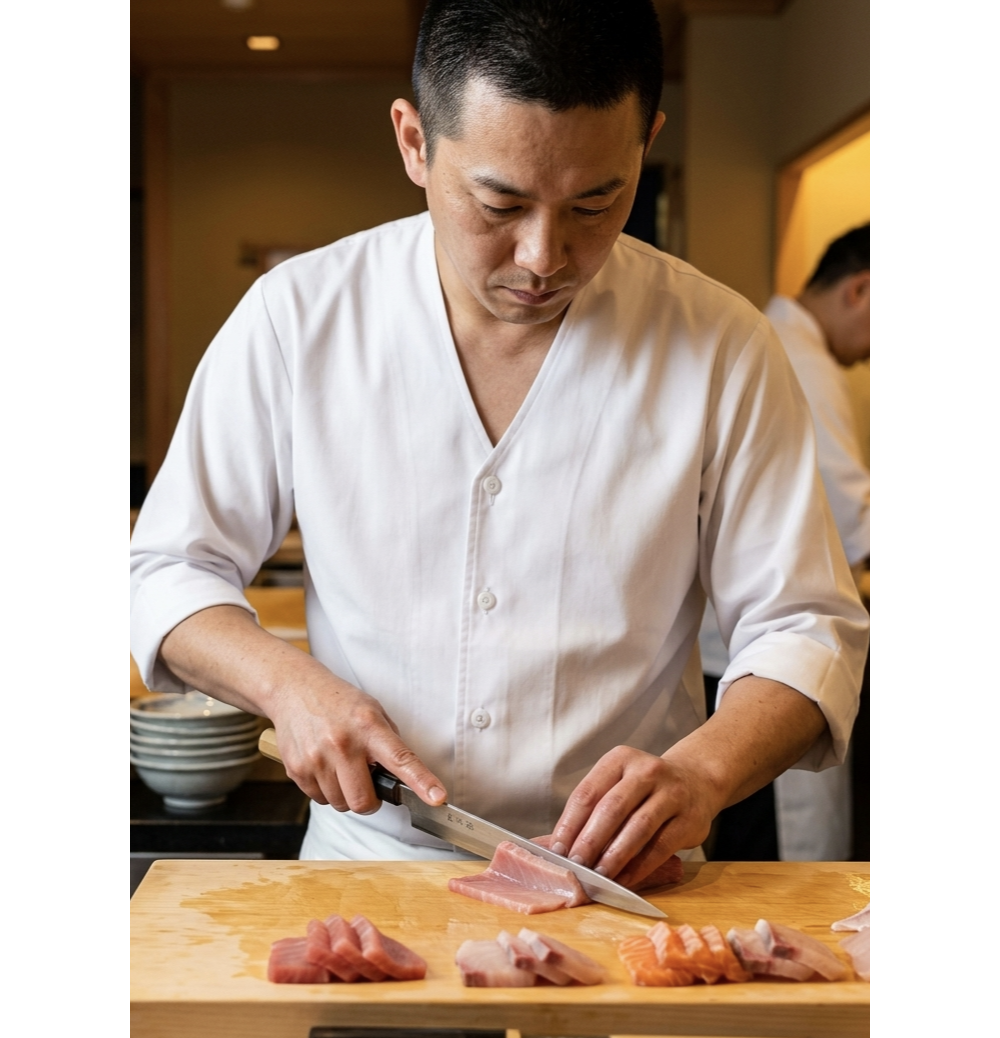 諾亞開發專為料理吧檯、日式生食及壽司餐廳板前師傅設計的服儀方案。採用簡約的日式V領（和服領）設計，線條俐落且不緊繃，能完美符合日式餐飲的和風美學。布料選用台灣大廠高品質混紡材質，色澤純淨紮實，且兼具吸濕透氣與抗皺功能。釦子採用耐高溫材質，確保在吧檯高頻率活動中的穩定性。搭配流暢的七分袖或短袖剪裁，方便師傅進行刀工與握壽司作業，是連鎖日料品牌與私人會所建立專業板前形象的最佳選擇。