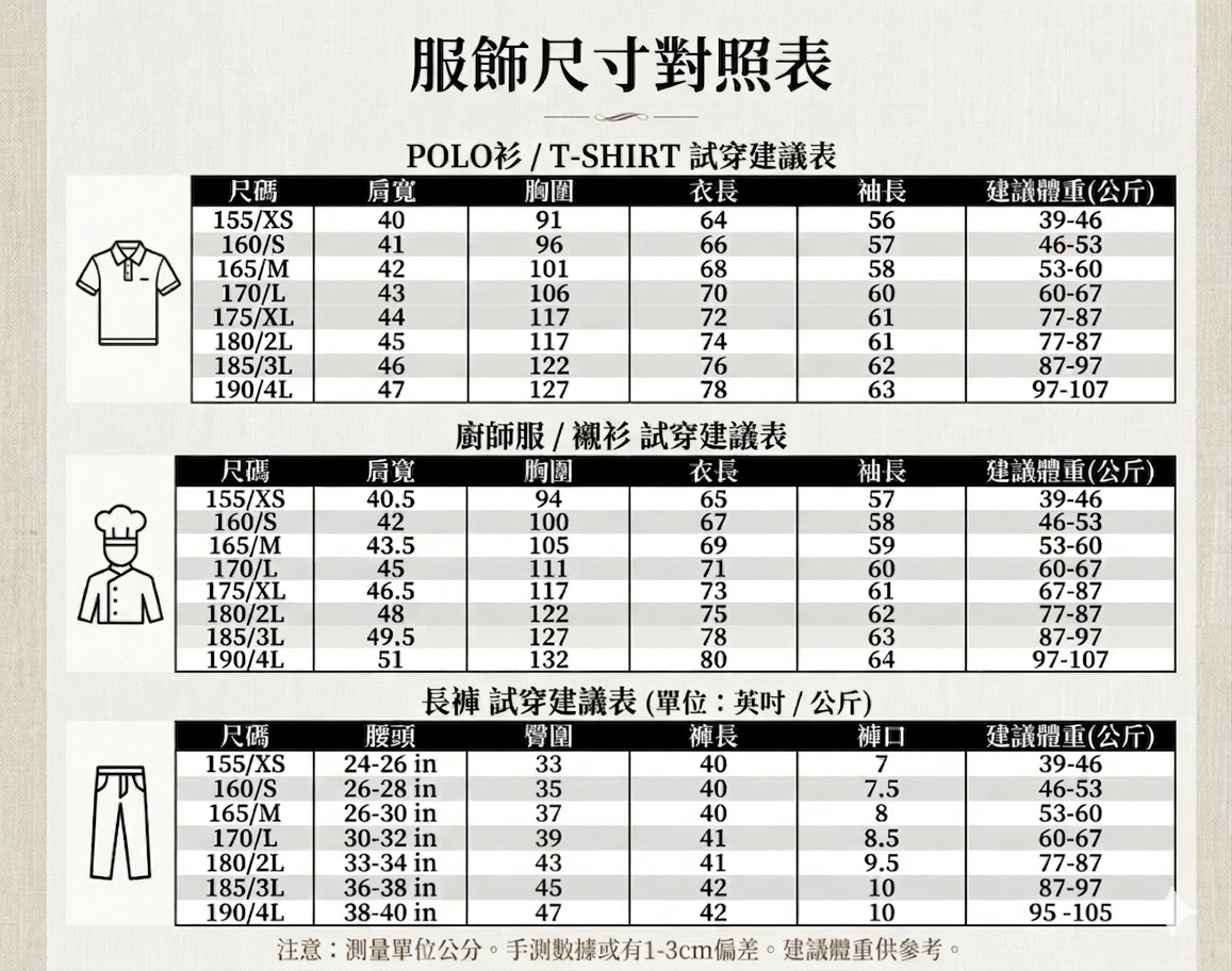 諾亞開發-全系列服飾尺寸對照表-POLO衫-廚師服-長褲